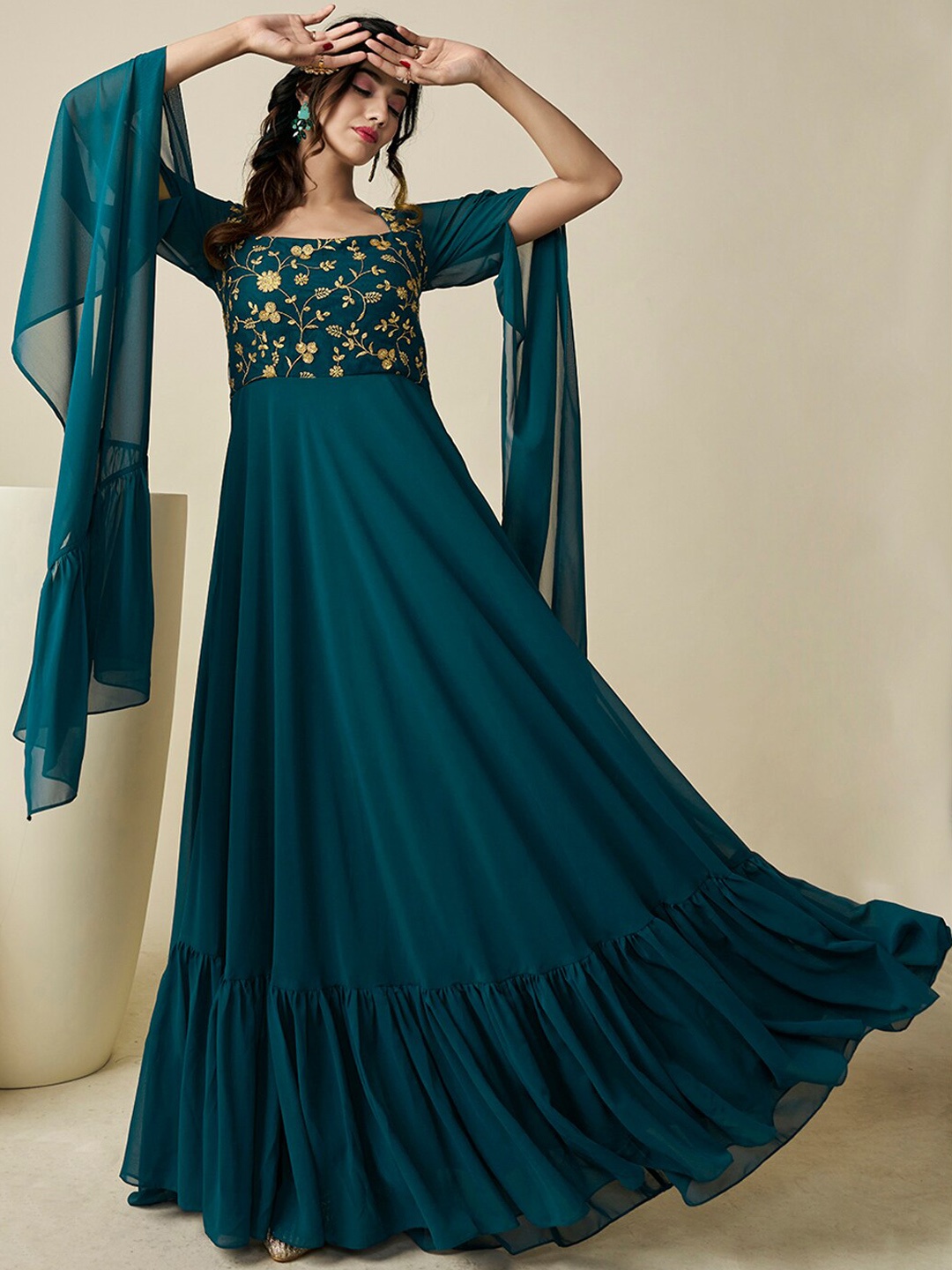 

Inddus Floral Embroidered Maxi Dress, Teal