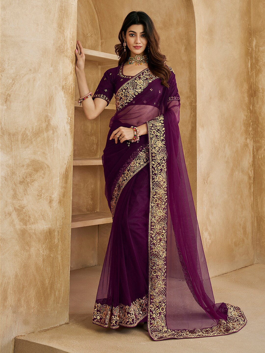 

Inddus Embroidered Detailed Net Saree, Purple