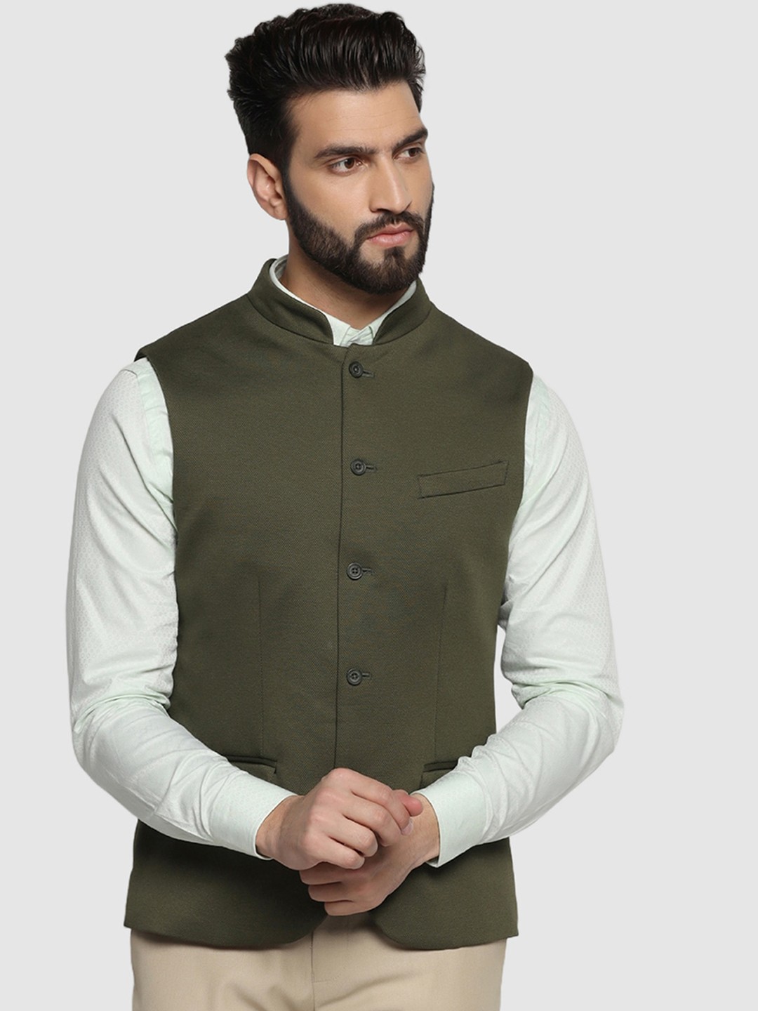 

Blackberrys Woven Mandarin Collar Nehru Jacket, Green