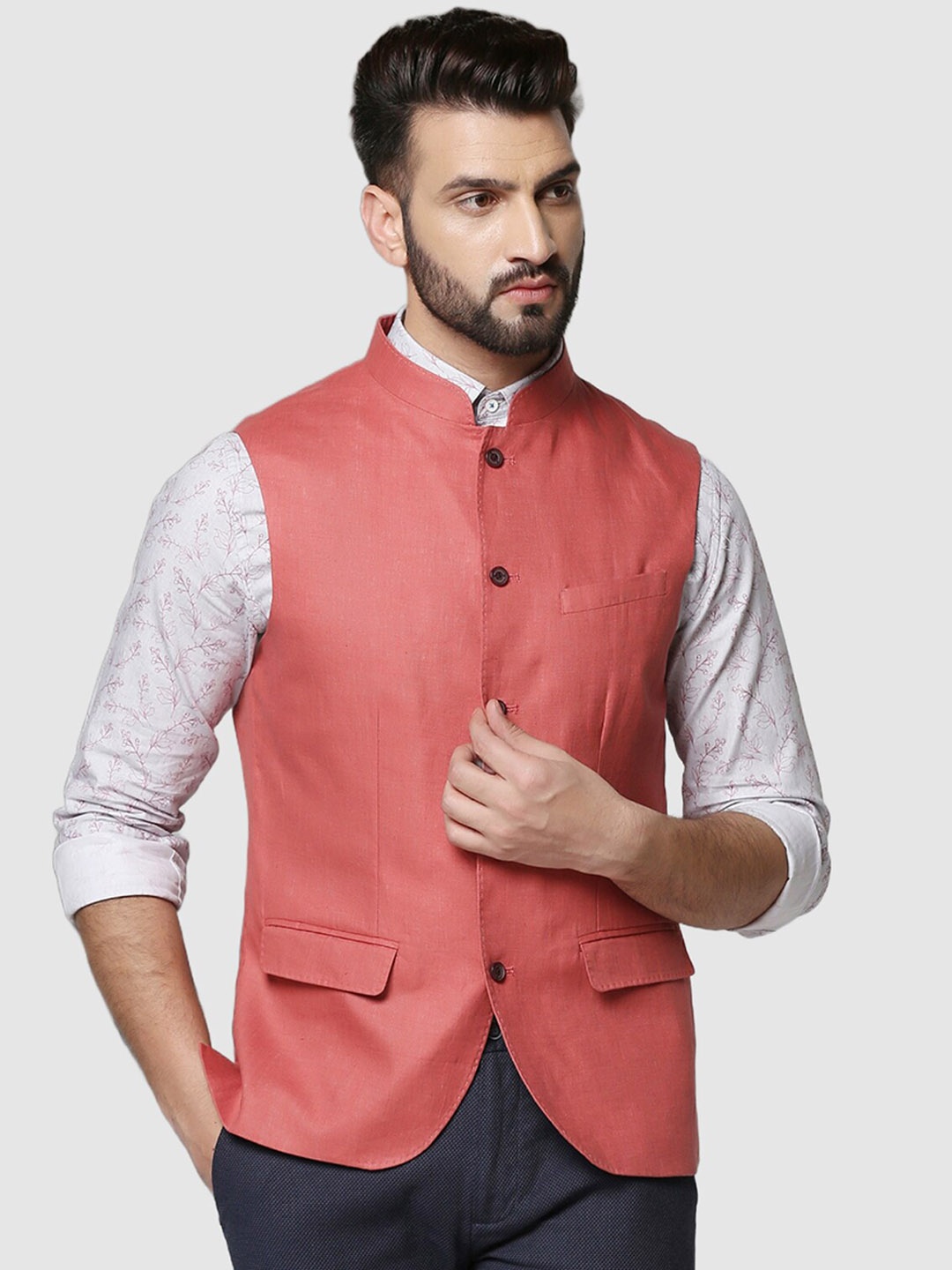 

Blackberrys Woven Mandarin Collar Nehru Jacket, Peach