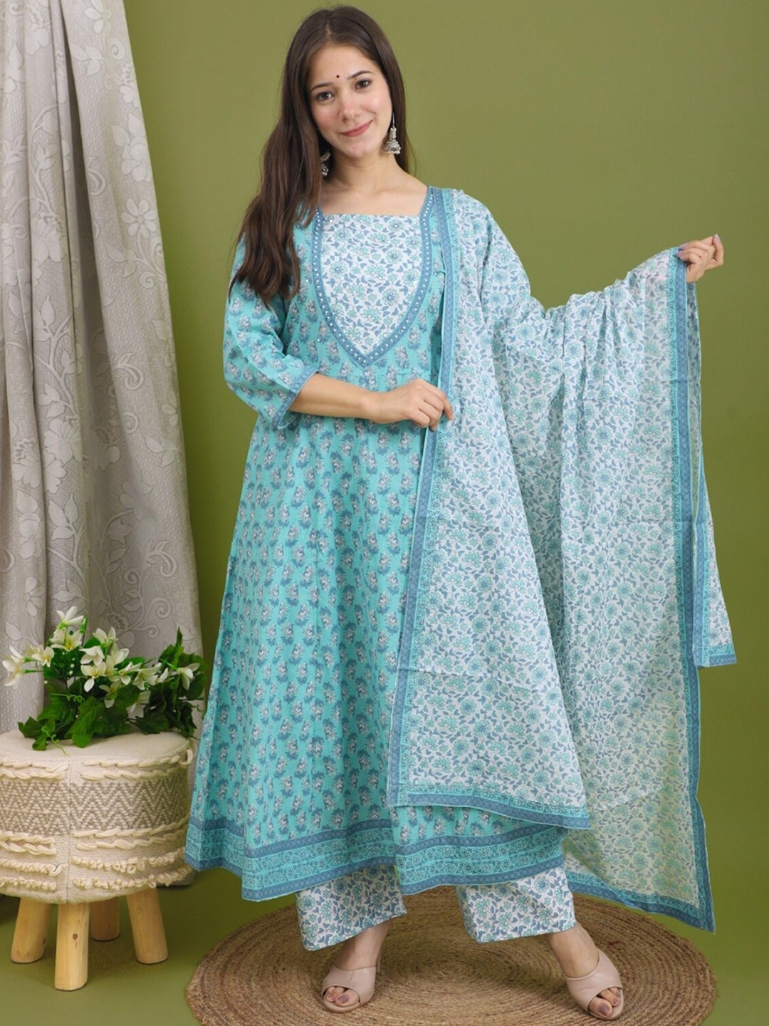 

R RANAK CREATION Floral Printed Anarkali Beads and Stones Cotton Kurta Set With Dupatta, Blue