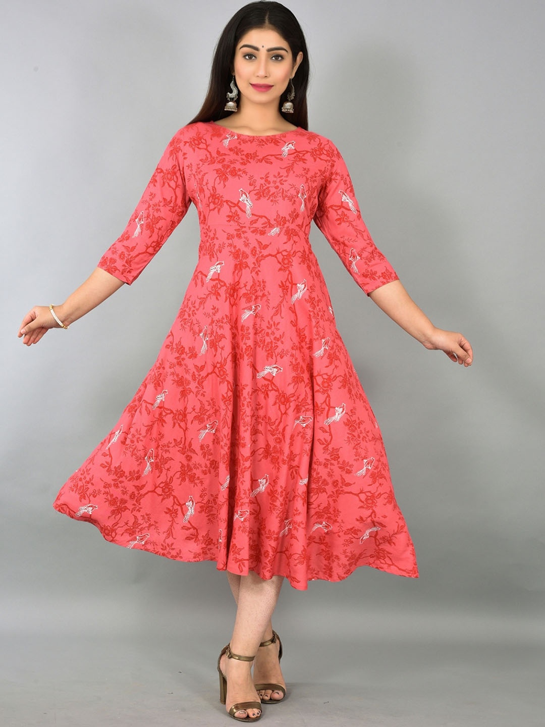 

KALINI Floral Printed Fit & Flare Midi Ethnic Dress, Peach