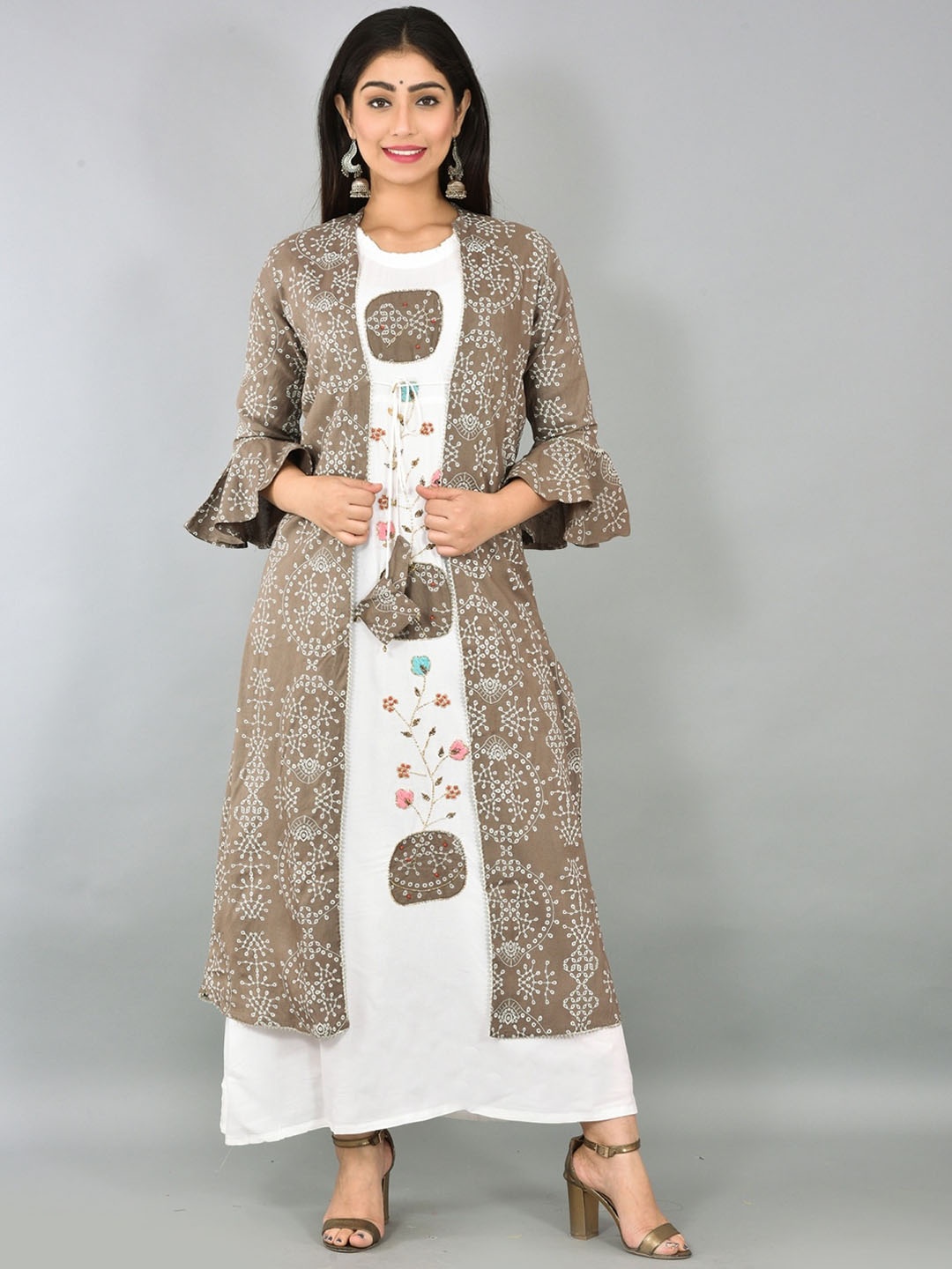 

KALINI Ethnic Motifs Printed Round Neck Patch Work A-Line Maxi Ethnic Dress & Shrug, White