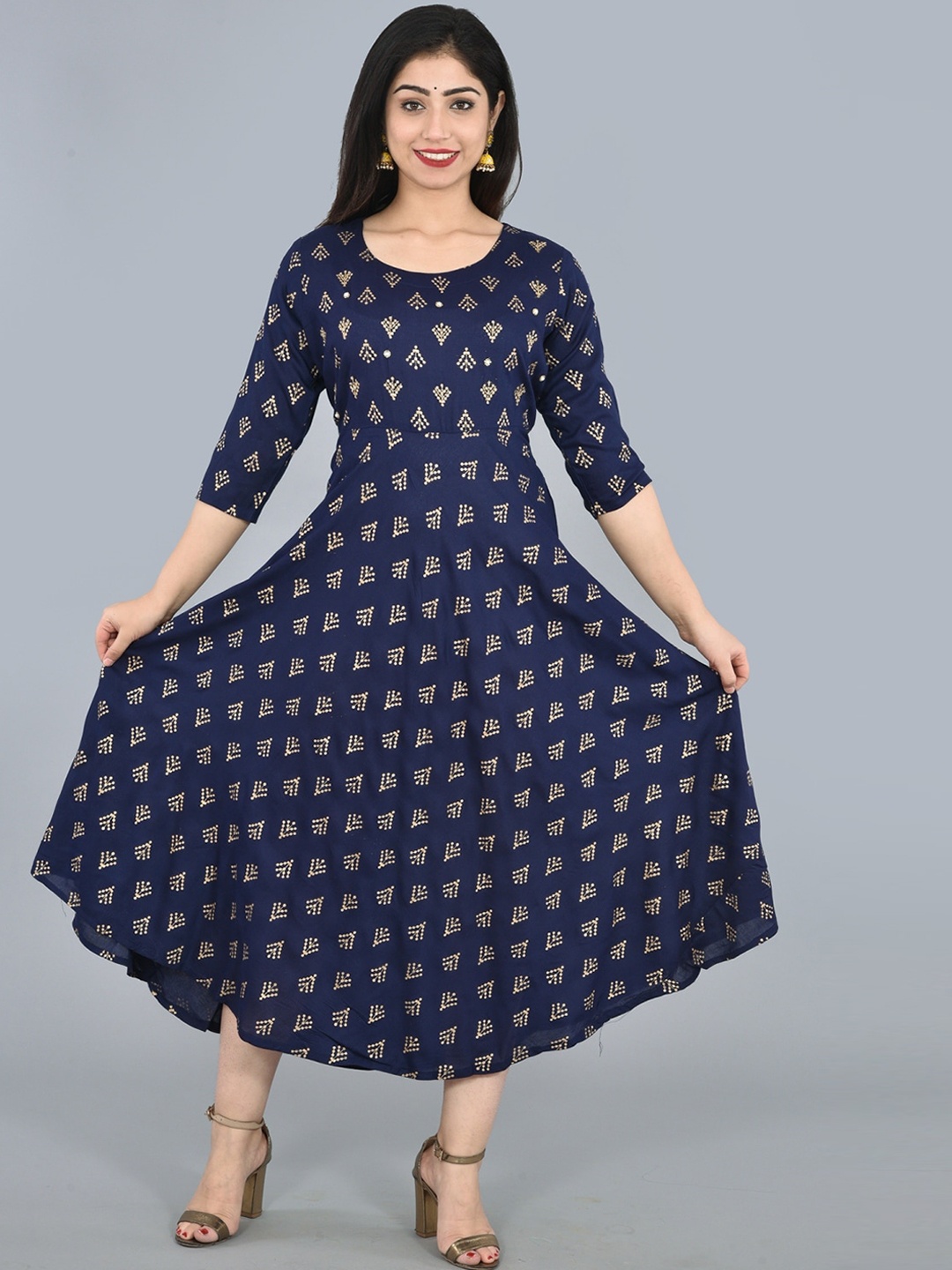

KALINI Ethnic Motif Printed Fit & Flare Midi Ethnic Dress, Navy blue
