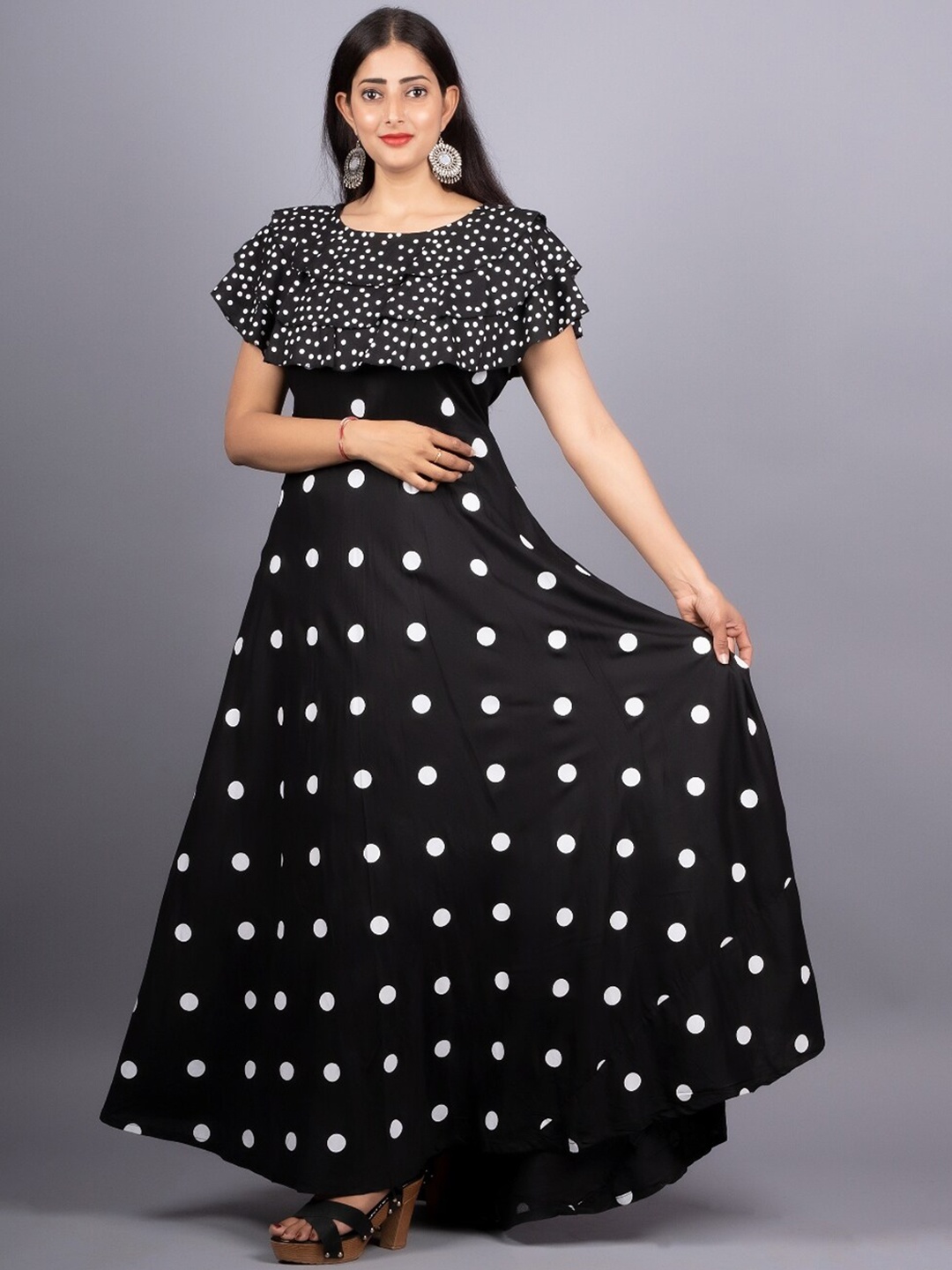 

KALINI Polka Dot Printed Cape Sleeves A-Line Ethnic Dress, Black
