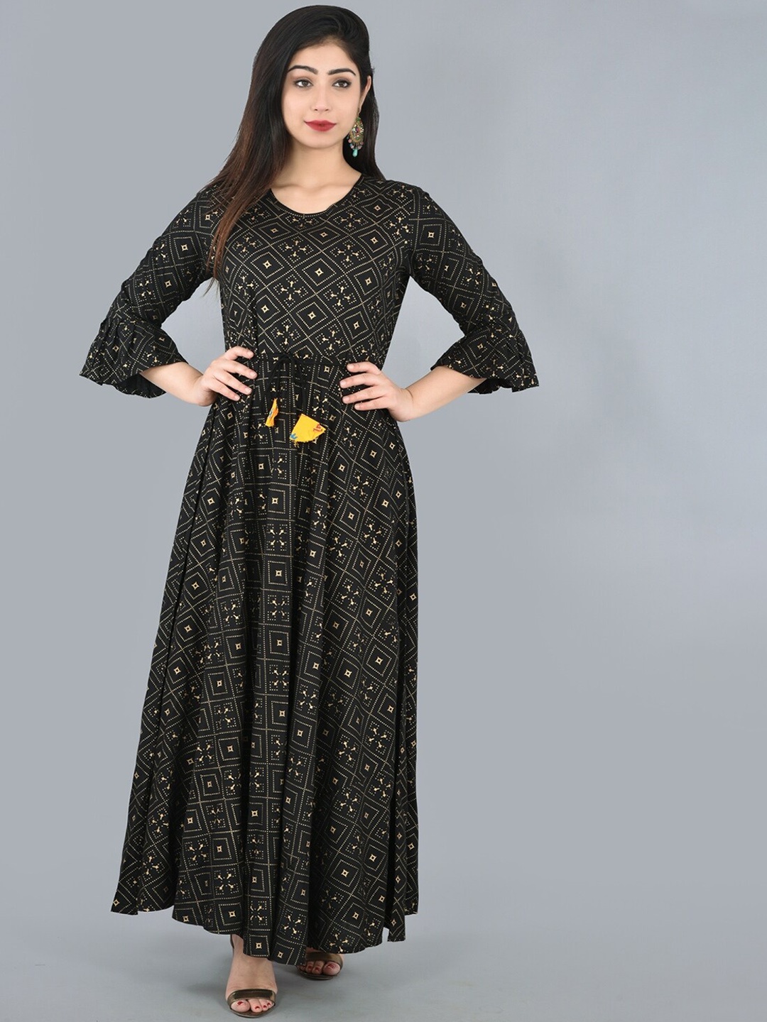 

KALINI Geometric Printed Waist Tied Anarkali Maxi Ethnic Dress, Black