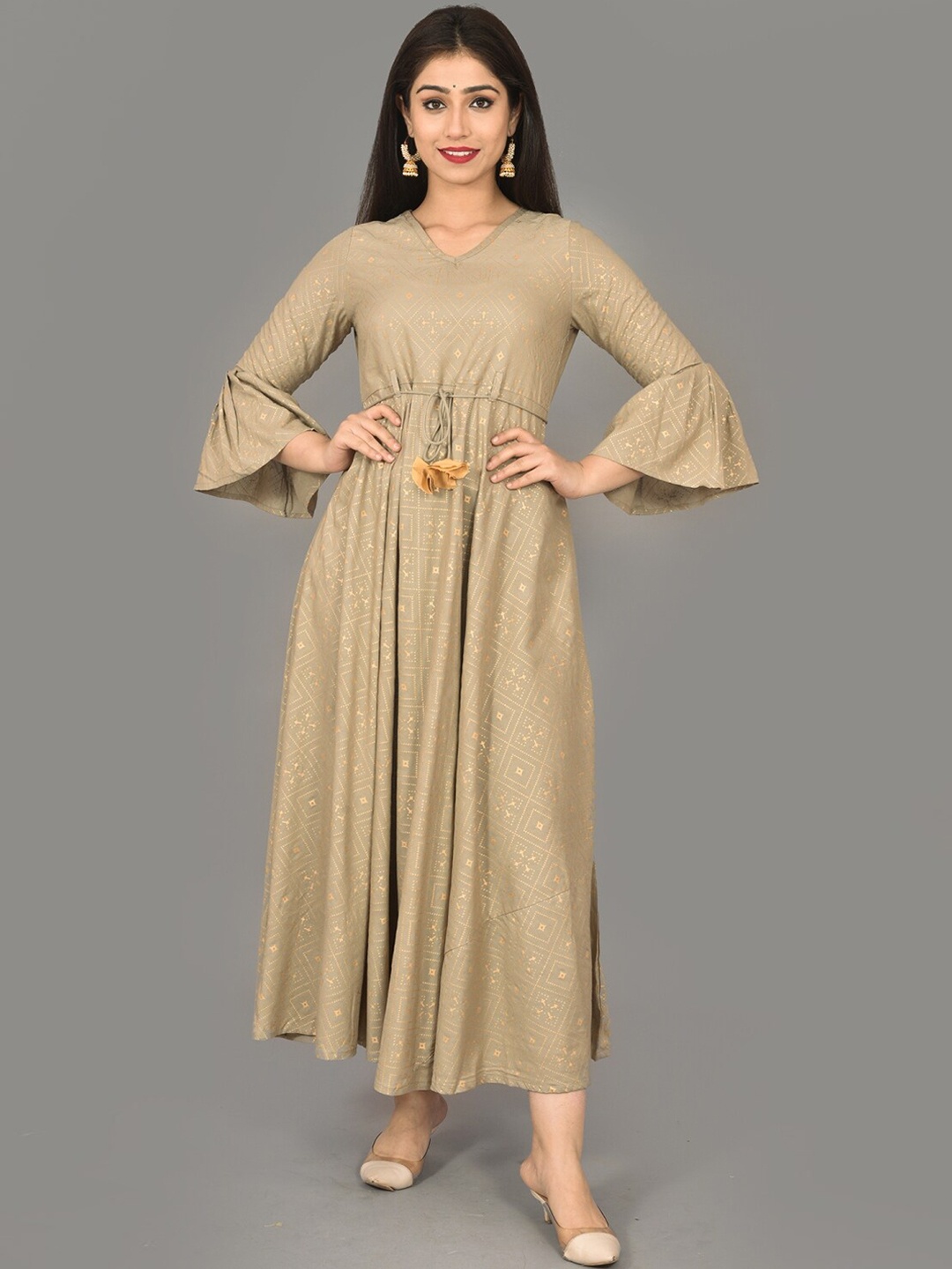 

KALINI Ethnic Motif Printed A-Line Maxi Ethnic Dress, Beige
