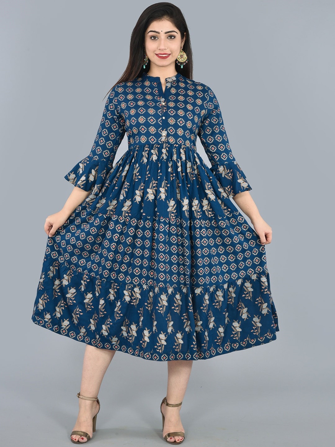 

KALINI Geometric Printed Mandarin Collar Bell Sleeves Fit & Flare Ethnic Dress, Blue