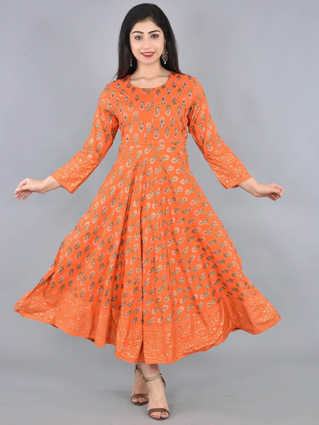 

KALINI Ethnic Motifs Printed Round Neck Tie-Ups Fit & Flare Maxi Ethnic Dress, Orange