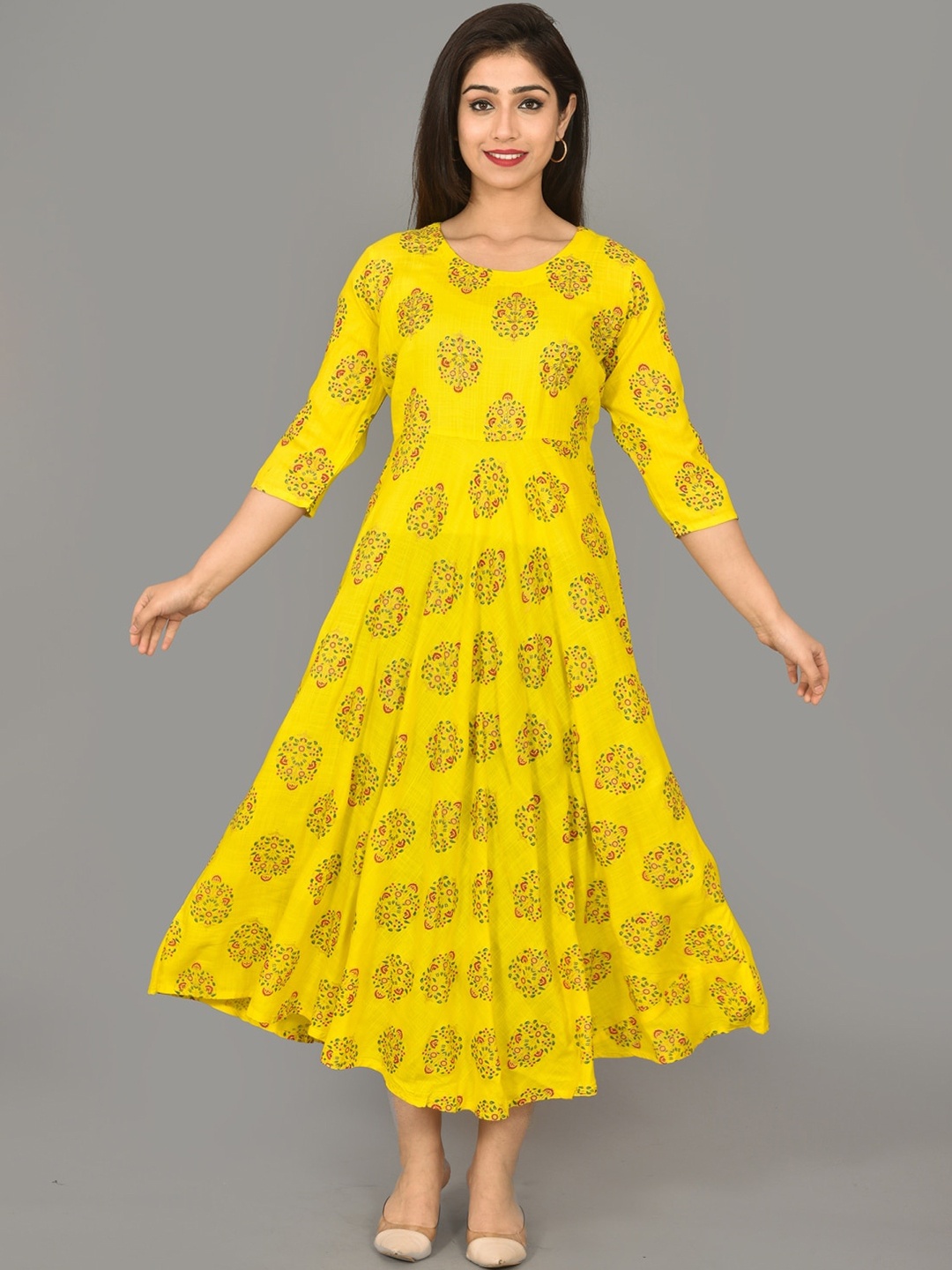 

KALINI Ethnic Motifs Printed A-Line Ethnic Dress, Yellow