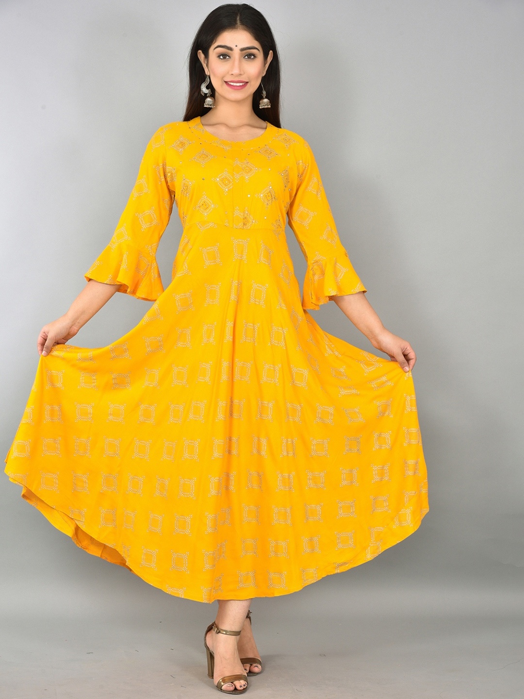 

KALINI Ethnic Motifs Printed Bell Sleeves A-Line Ethnic Dress, Yellow