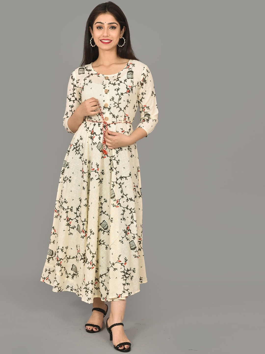 

KALINI Floral Printed A-line Ethnic Dress, Cream