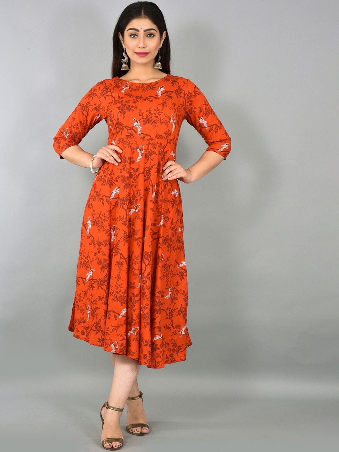 

KALINI Ethnic Motif Printed A-Line Midi Dress, Orange