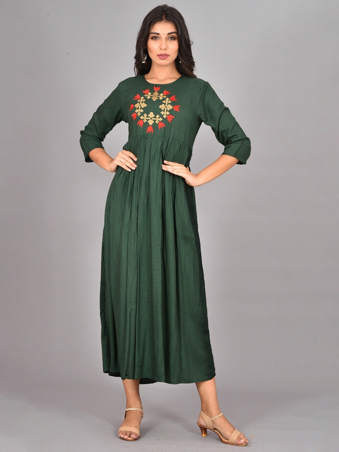 

KALINI Ethnic Motifs Embroidered Round Neck Fit & Flare Maxi Ethnic Dress, Green