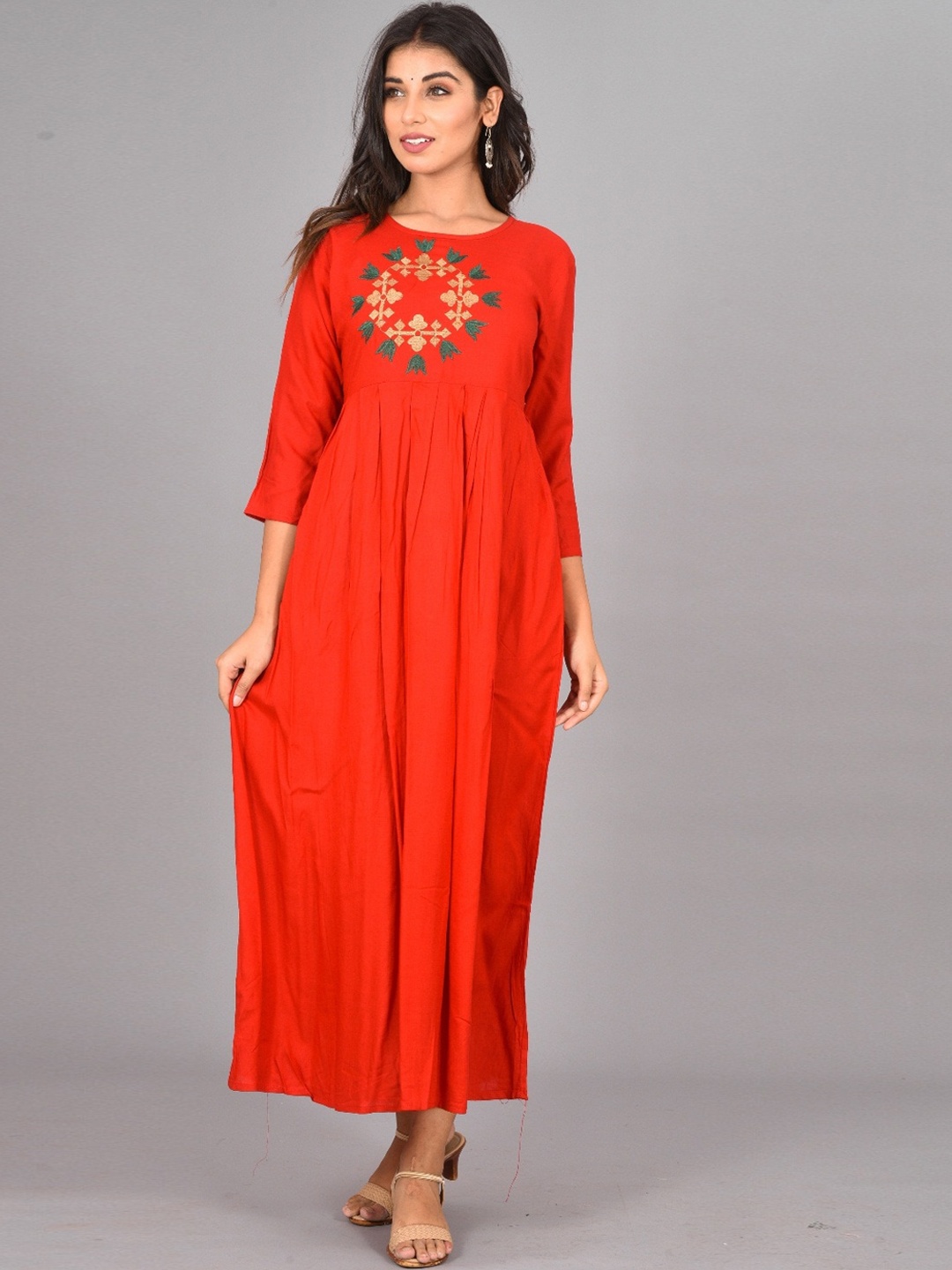 

KALINI Floral Embroidered A-Line Ethnic Dress, Red