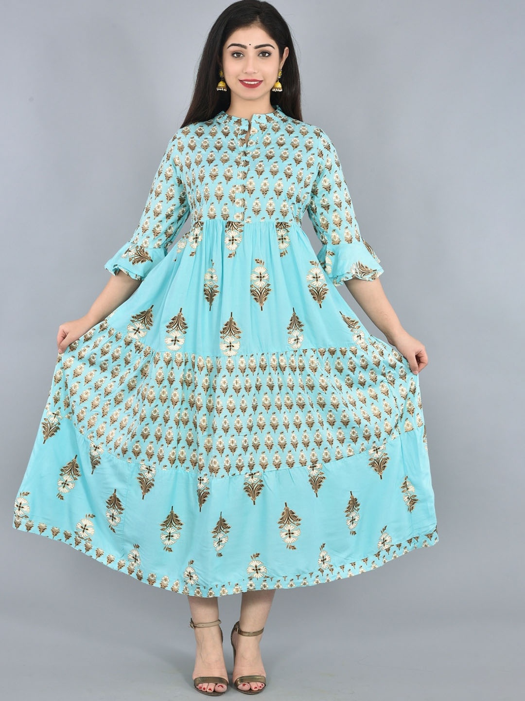 

KALINI Ethnic Motifs Printed Mandarin Collar Fit & Flare Midi Ethnic Dress, Blue