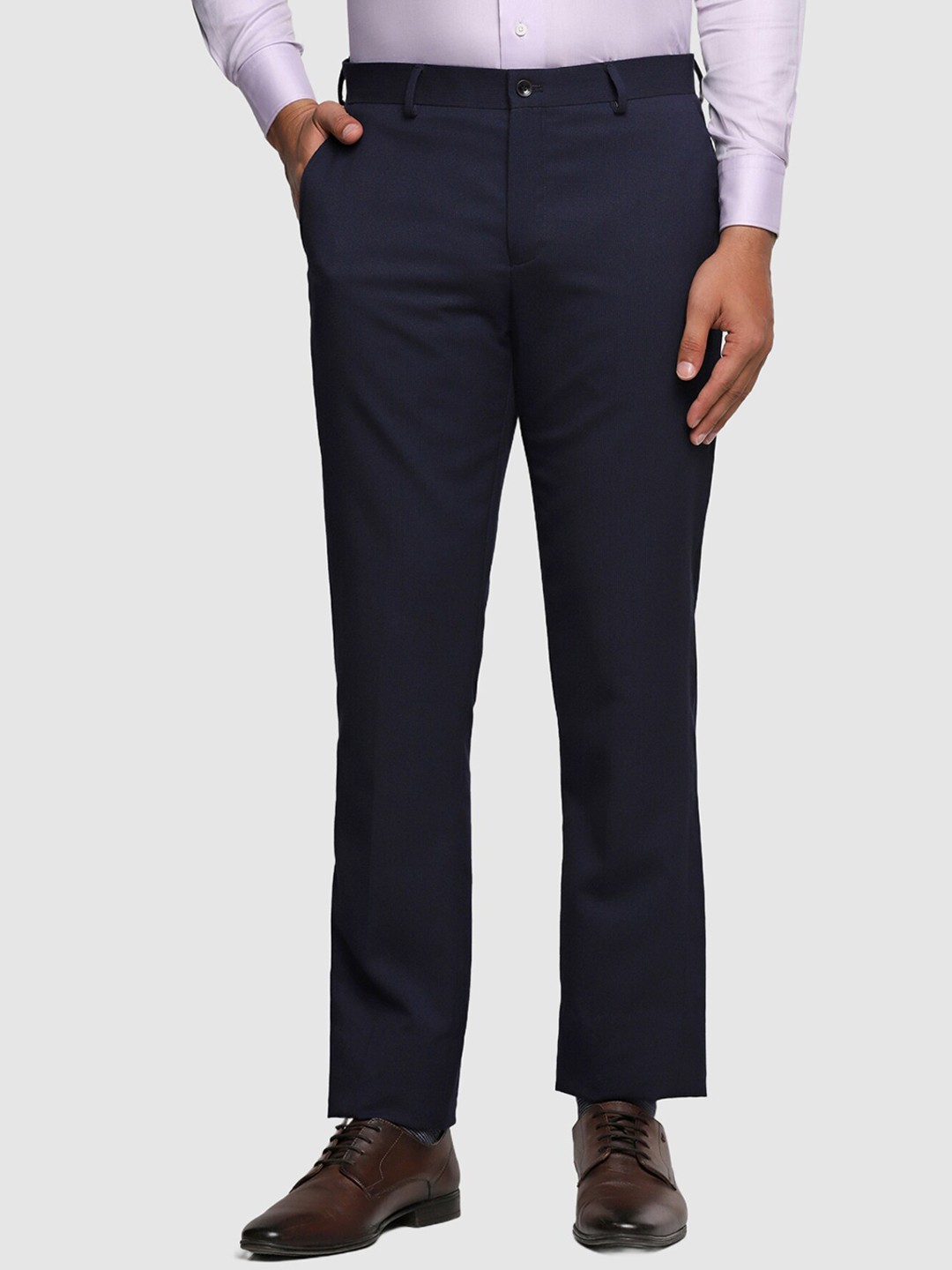 

Blackberrys Men Plain Flat-Front Slim Fit Formal Trousers, Navy blue