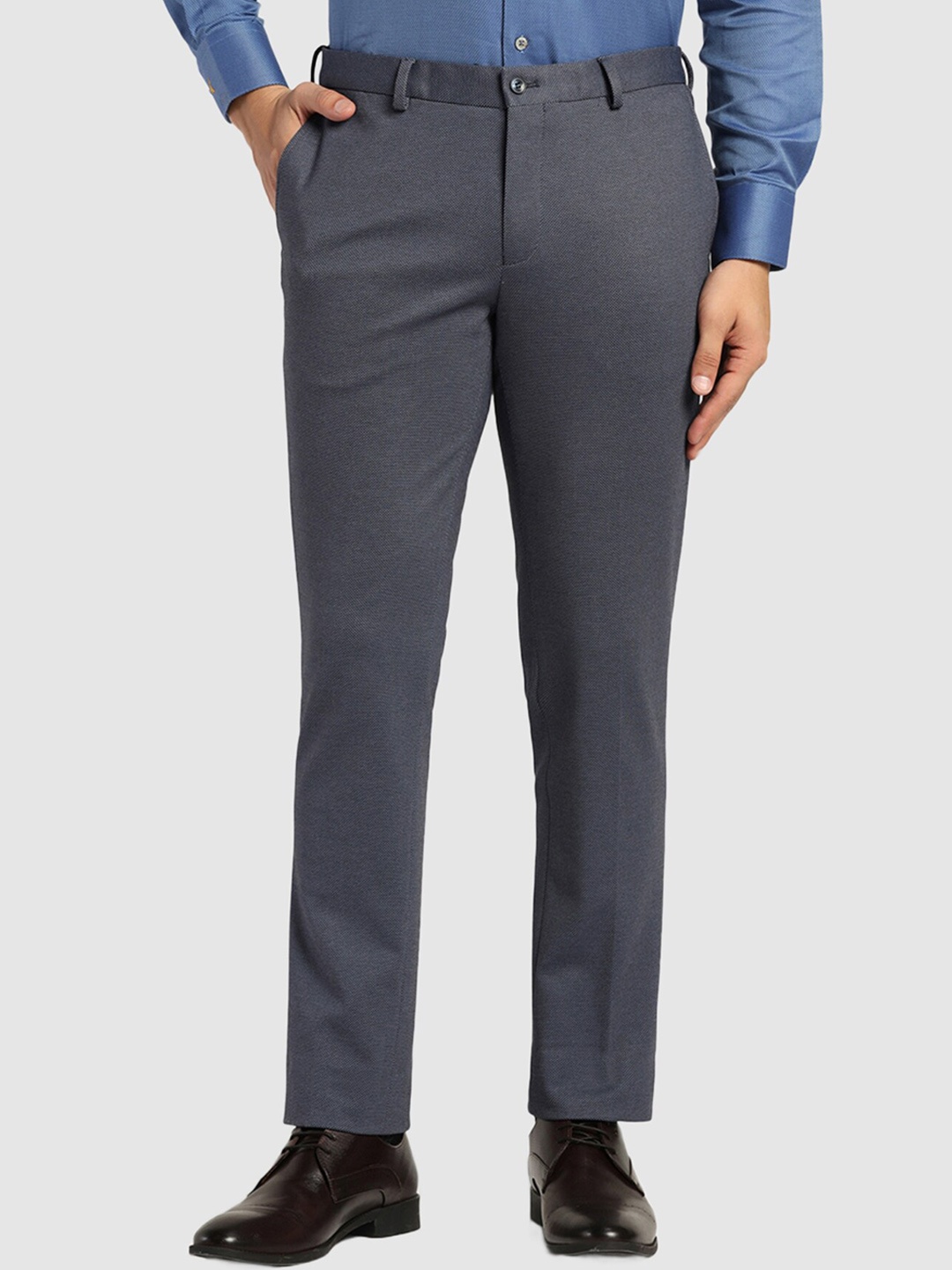 

Blackberrys Men Plain Flat-Front Slim Fit Low-Rise Formal Trousers, Blue