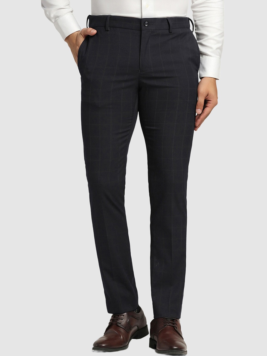 

Blackberrys Men Checked Slim Fit Formal Low-Rise Trousers, Navy blue