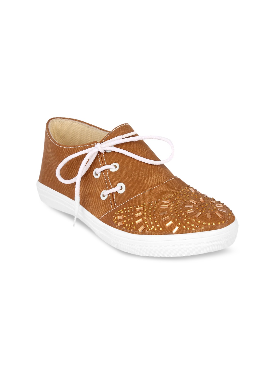 

COOL WINGS Women Embellished Lace-Up Sneakers, Brown