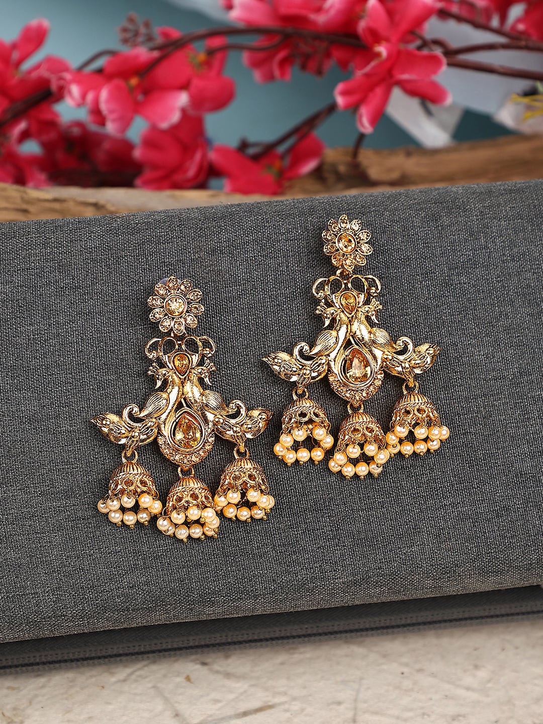 

ANIKAS CREATION Gold-Plated Contemporary Drop Earrings