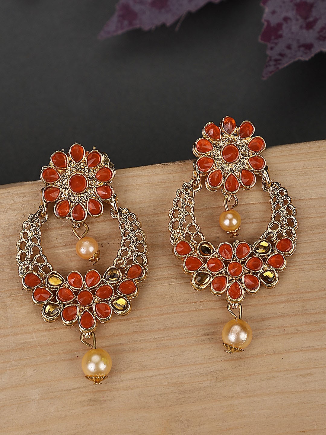 

ANIKAS CREATION Gold-Plated Contemporary Chandbalis, Orange