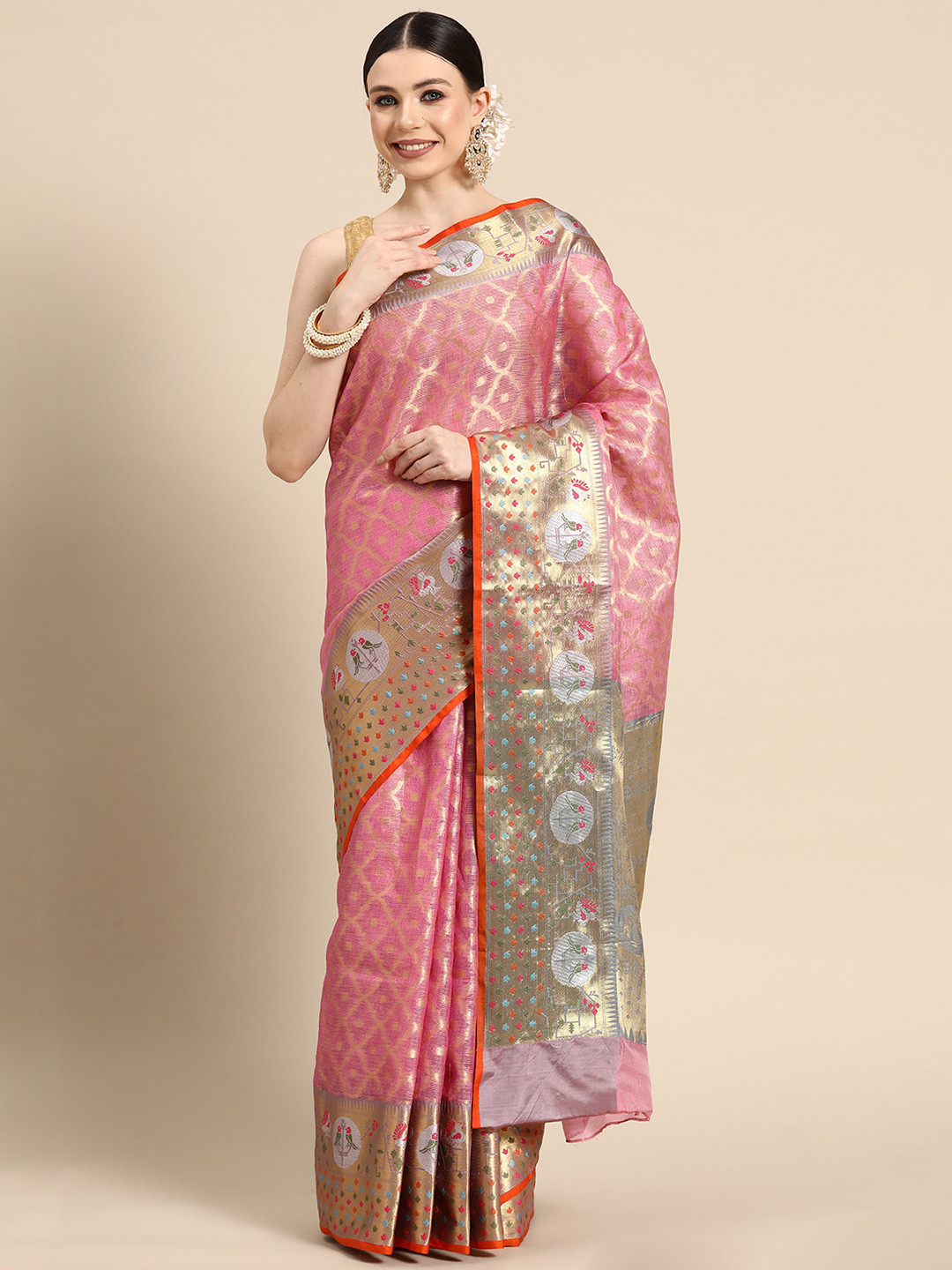 

Silk Land Woven Design Zari Tissue Kota Saree, Pink