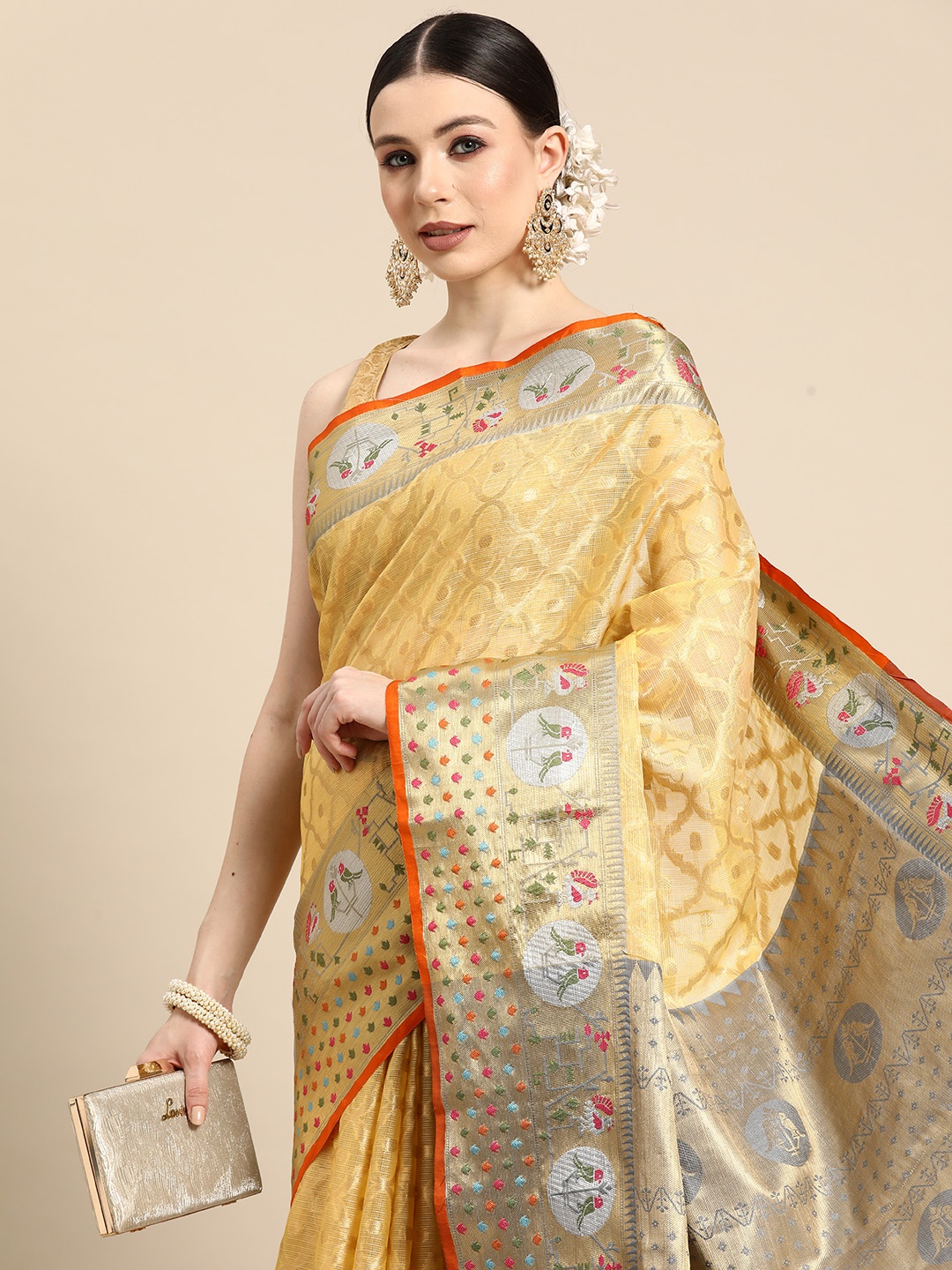 

Silk Land Woven Design Zari Tissue Kota Saree, Yellow