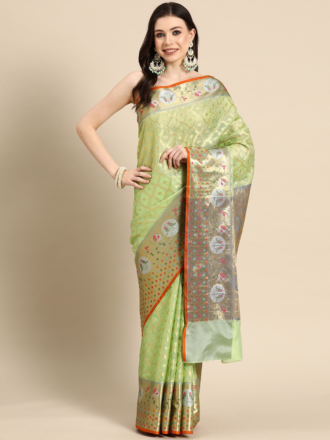 

Silk Land Geometric Zari Tissue Kota Saree, Green