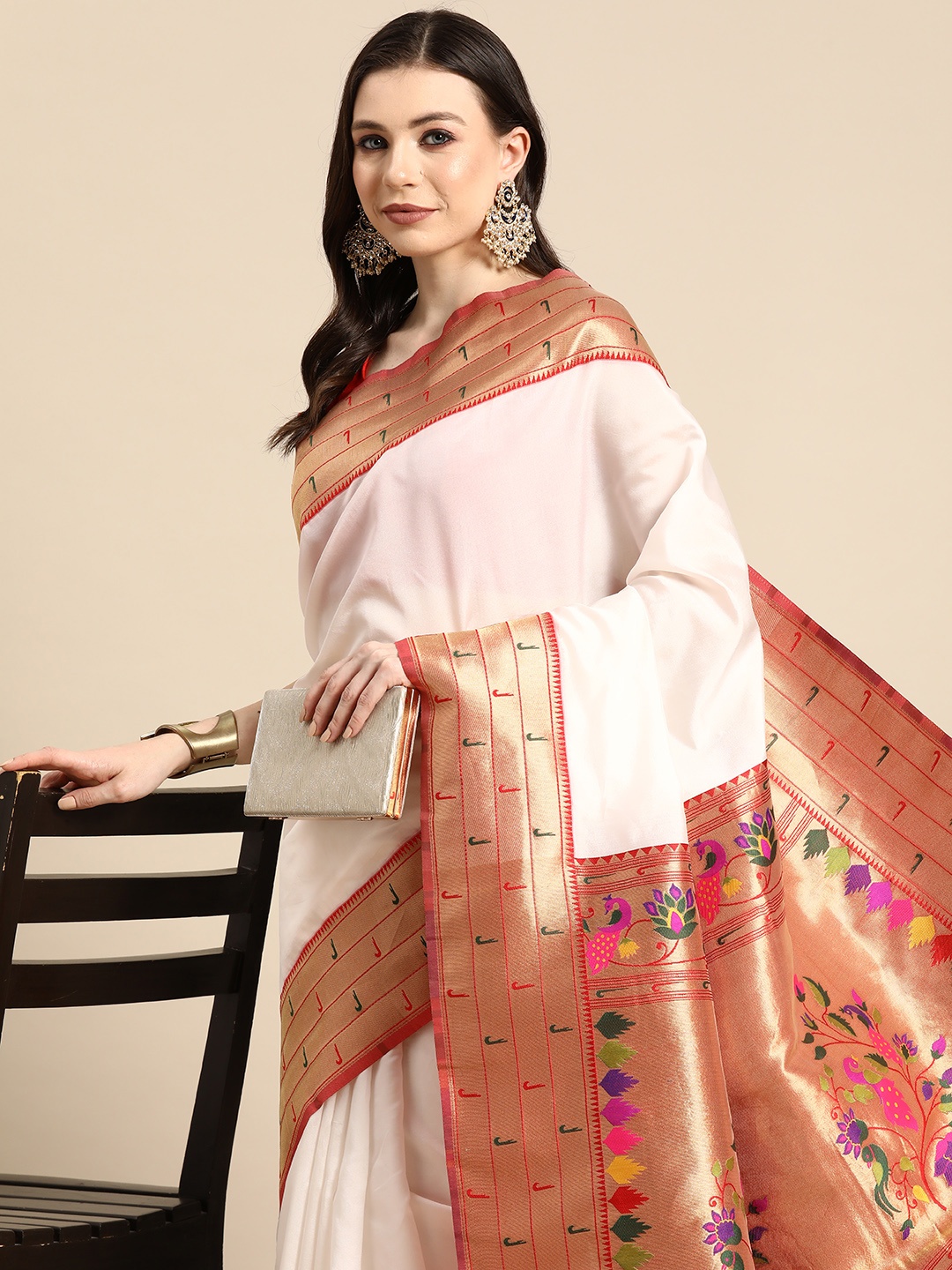 

Silk Land Paisley Zari Paithani Saree, White