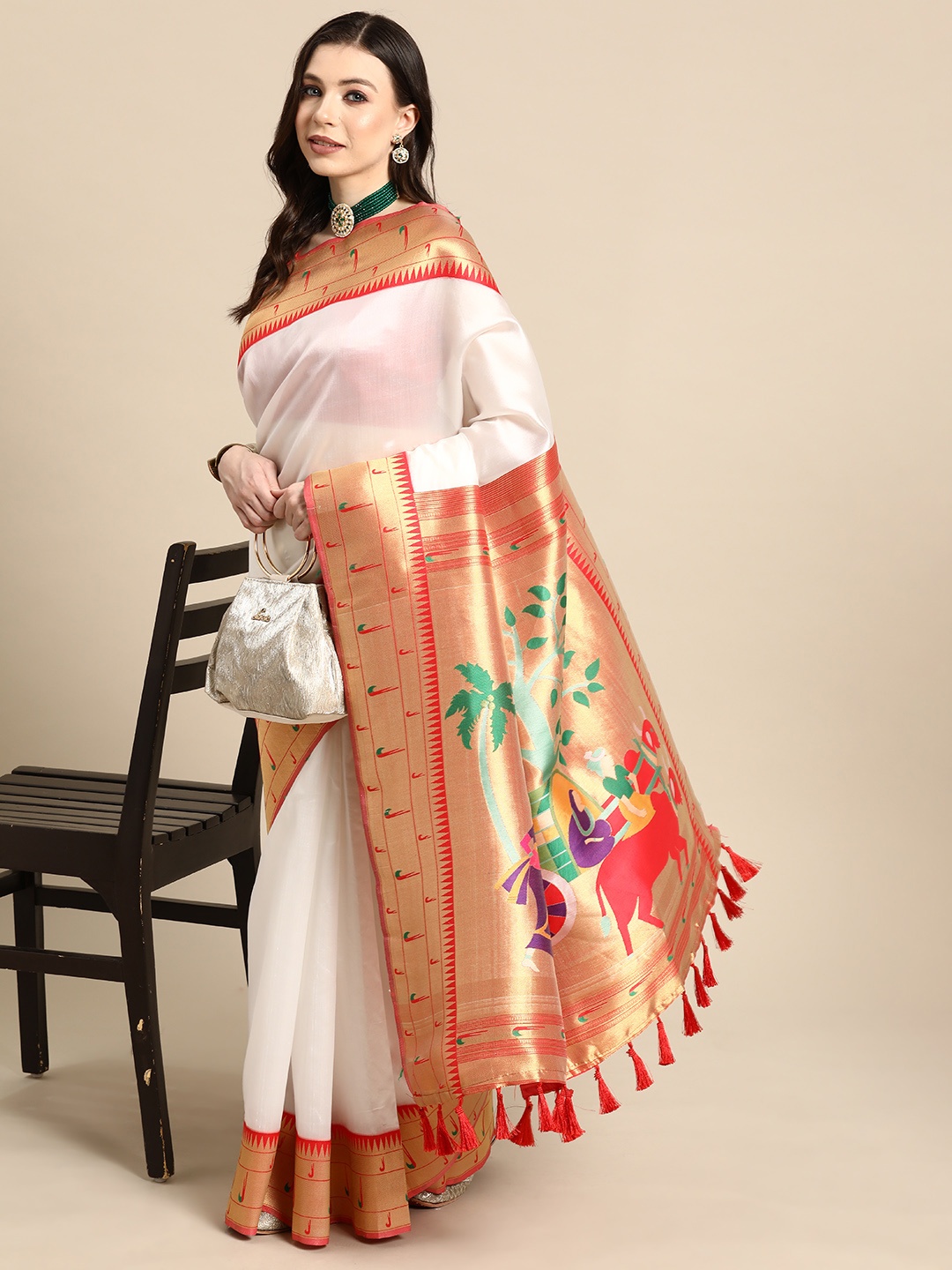 

Silk Land Paisley Zari Paithani Saree, White