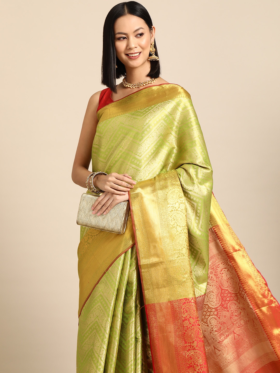 

Silk Land Ethnic Motifs Zari Brocade Banarasi Saree, Green