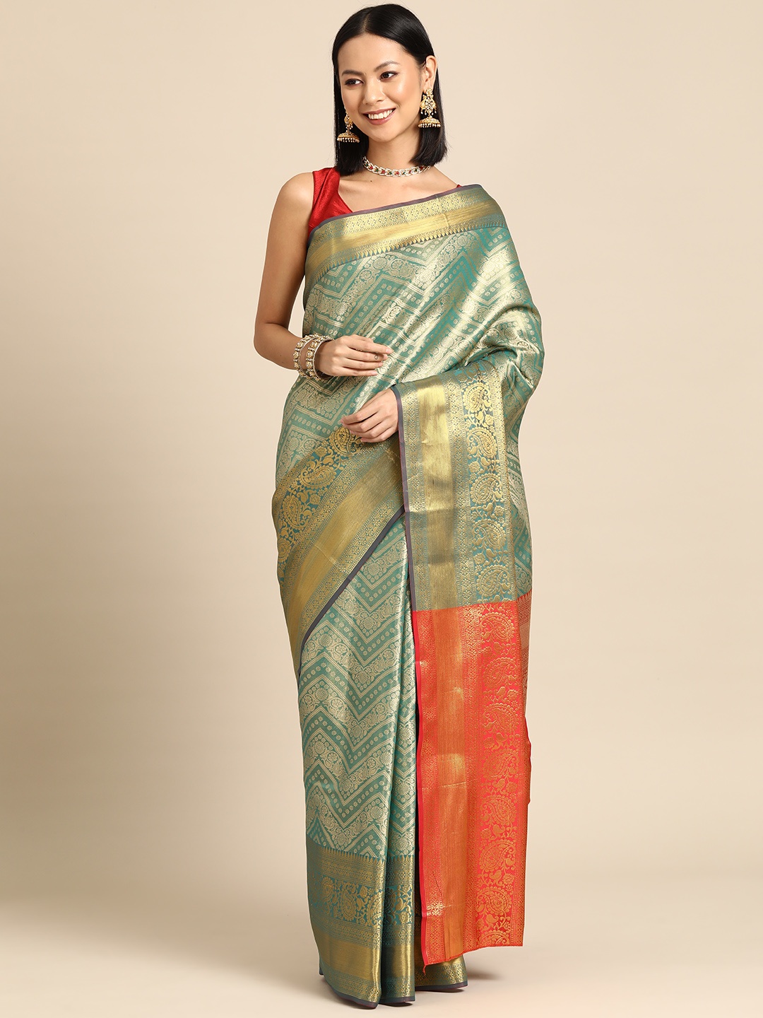 

Silk Land Ethnic Motifs Zari Brocade Banarasi Saree, Teal