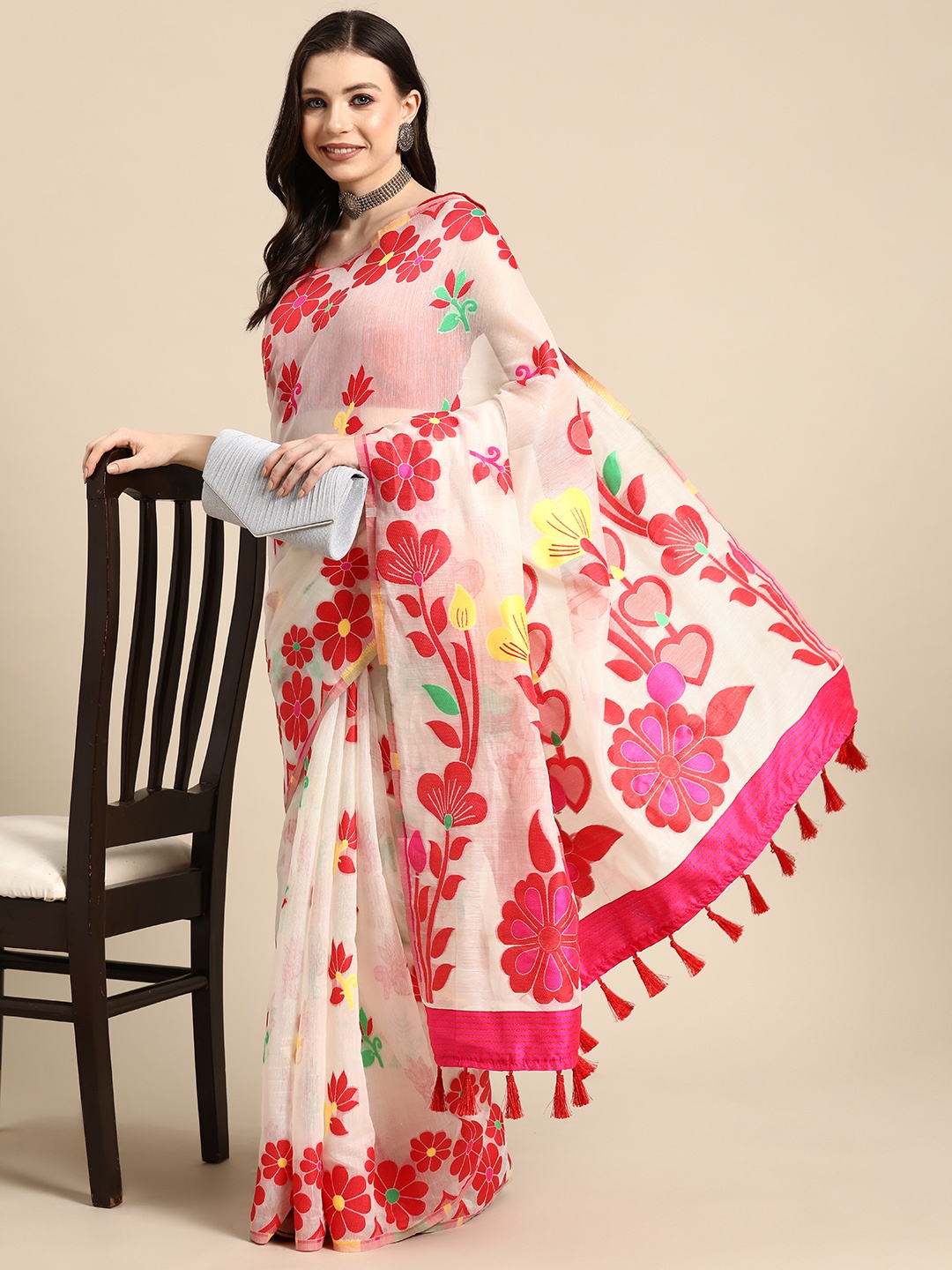 

Silk Land Floral Phulkari Pure Cotton Jamdani Saree, Off white