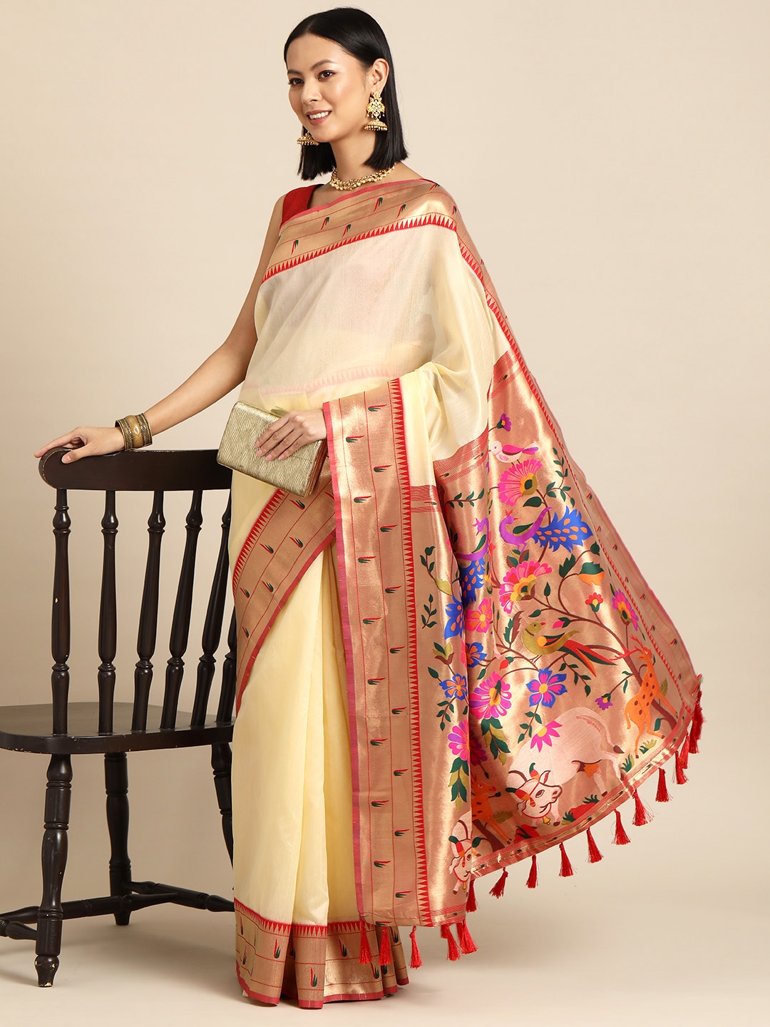 

Silk Land Zari Paithani Saree, Beige