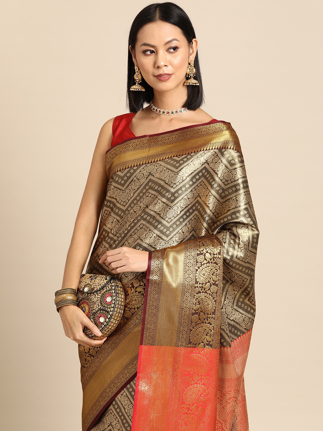 

Silk Land Ethnic Motifs Zari Brocade Banarasi Saree, Black