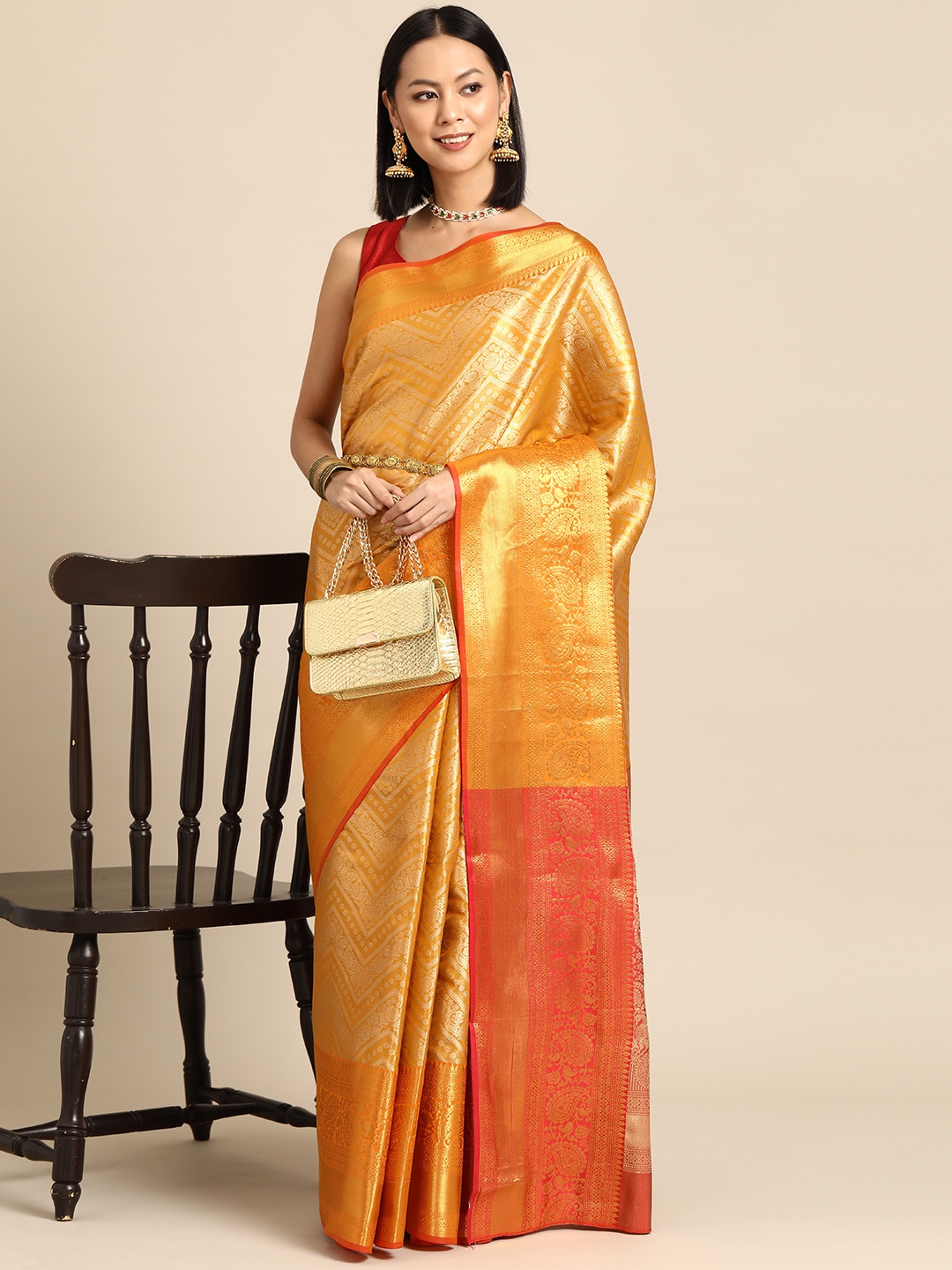 

Silk Land Ethnic Motifs Zari Brocade Banarasi Saree, Yellow