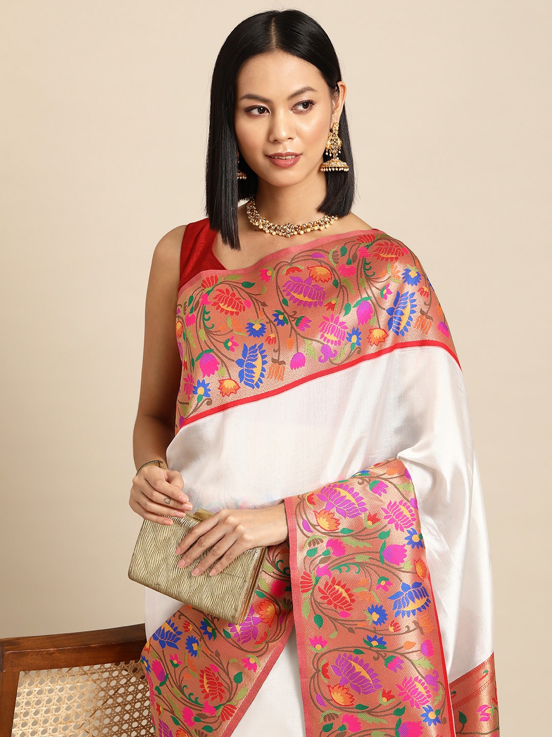 

Silk Land Zari Paithani Saree, White