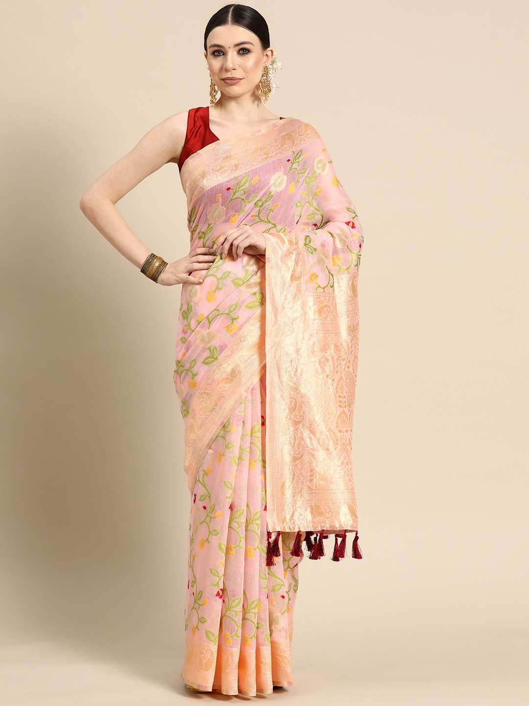 

Silk Land Floral Phulkari Pure Cotton Jamdani Saree, Pink