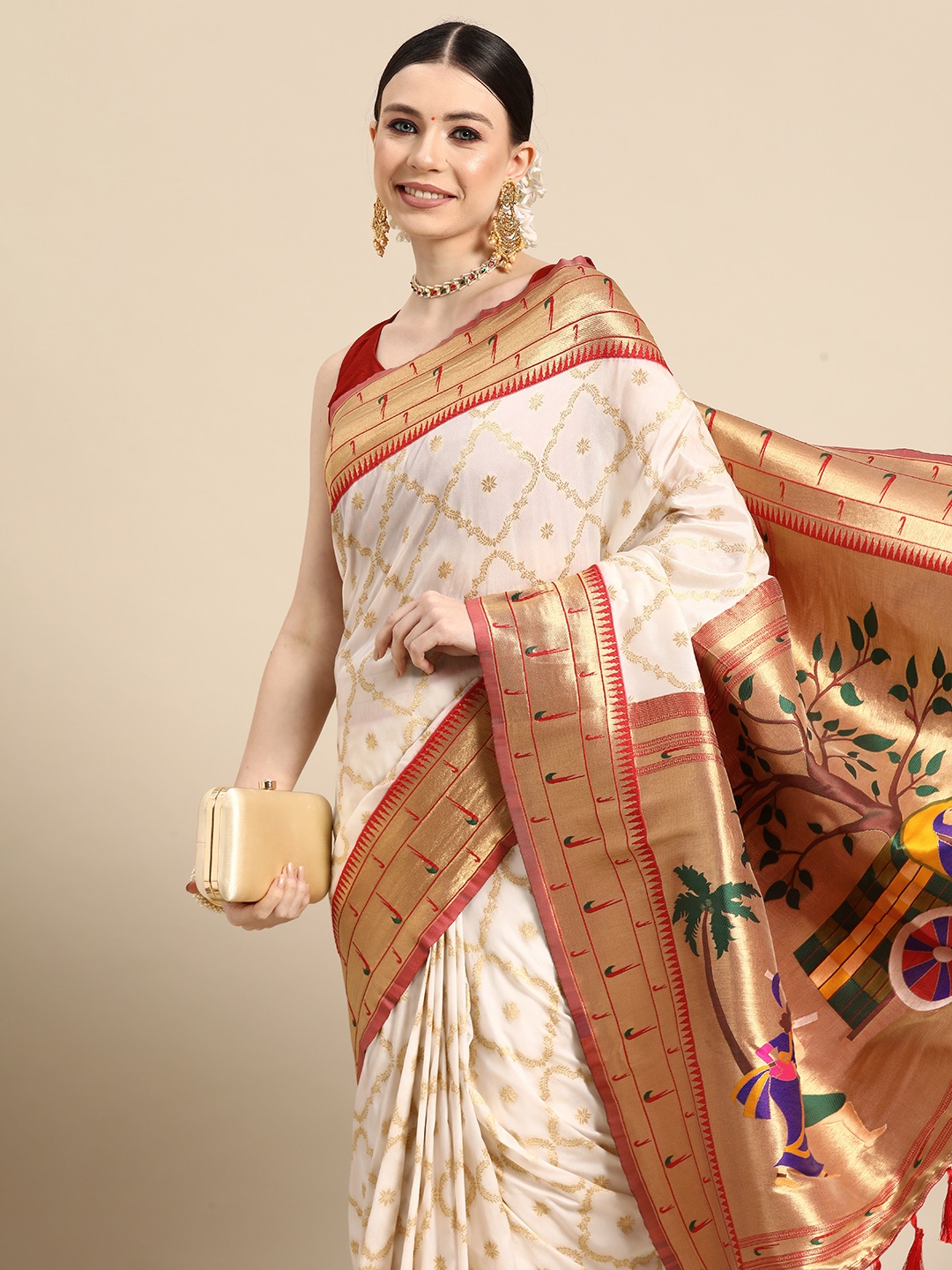 

Silk Land Kalamkari Zari Paithani Saree, White