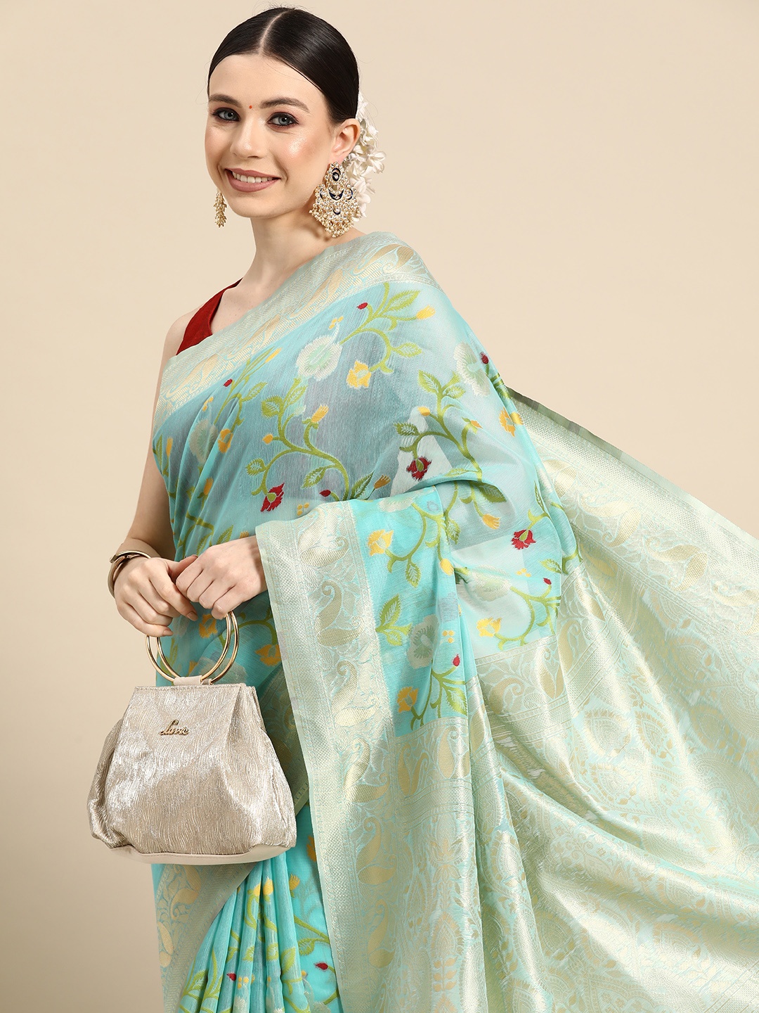 

Silk Land Floral Zari Pure Cotton Jamdani Saree, Turquoise blue