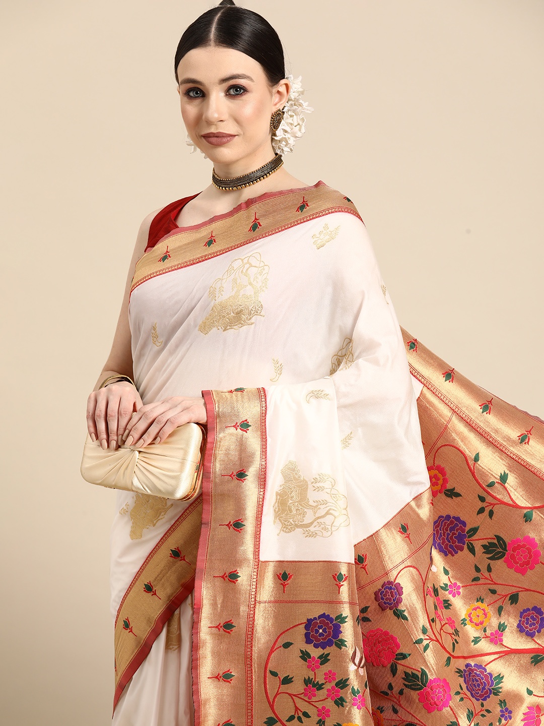 

Silk Land Woven Design Kalamkari Zari Paithani Saree, White