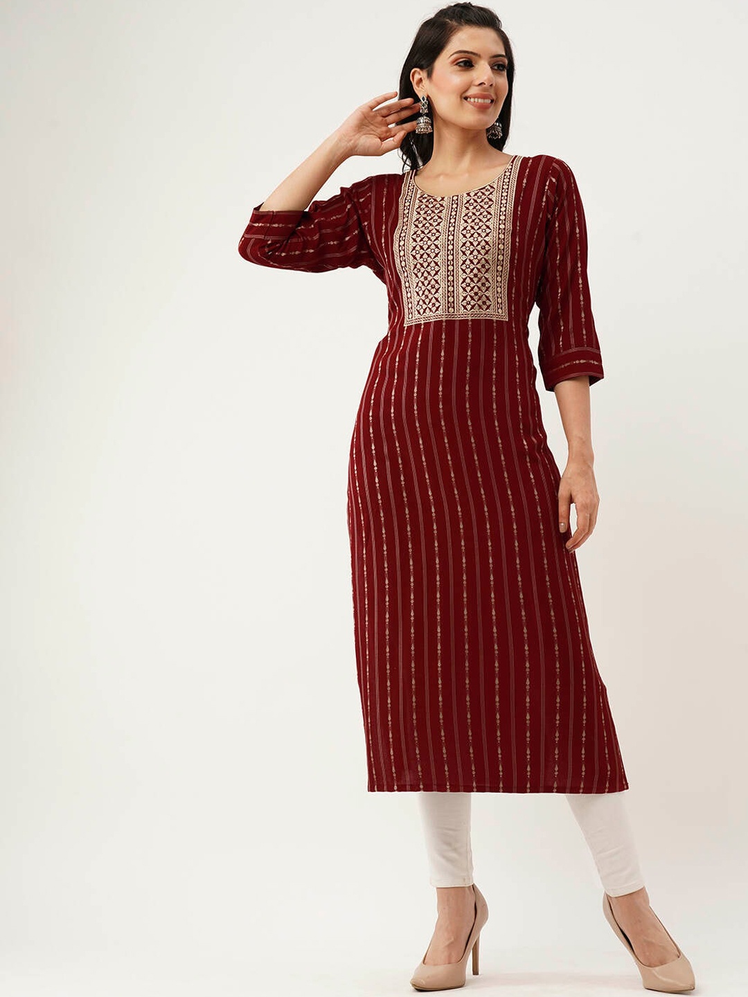 

ZOLA Striped Mirror Work Straight Kurta, Maroon