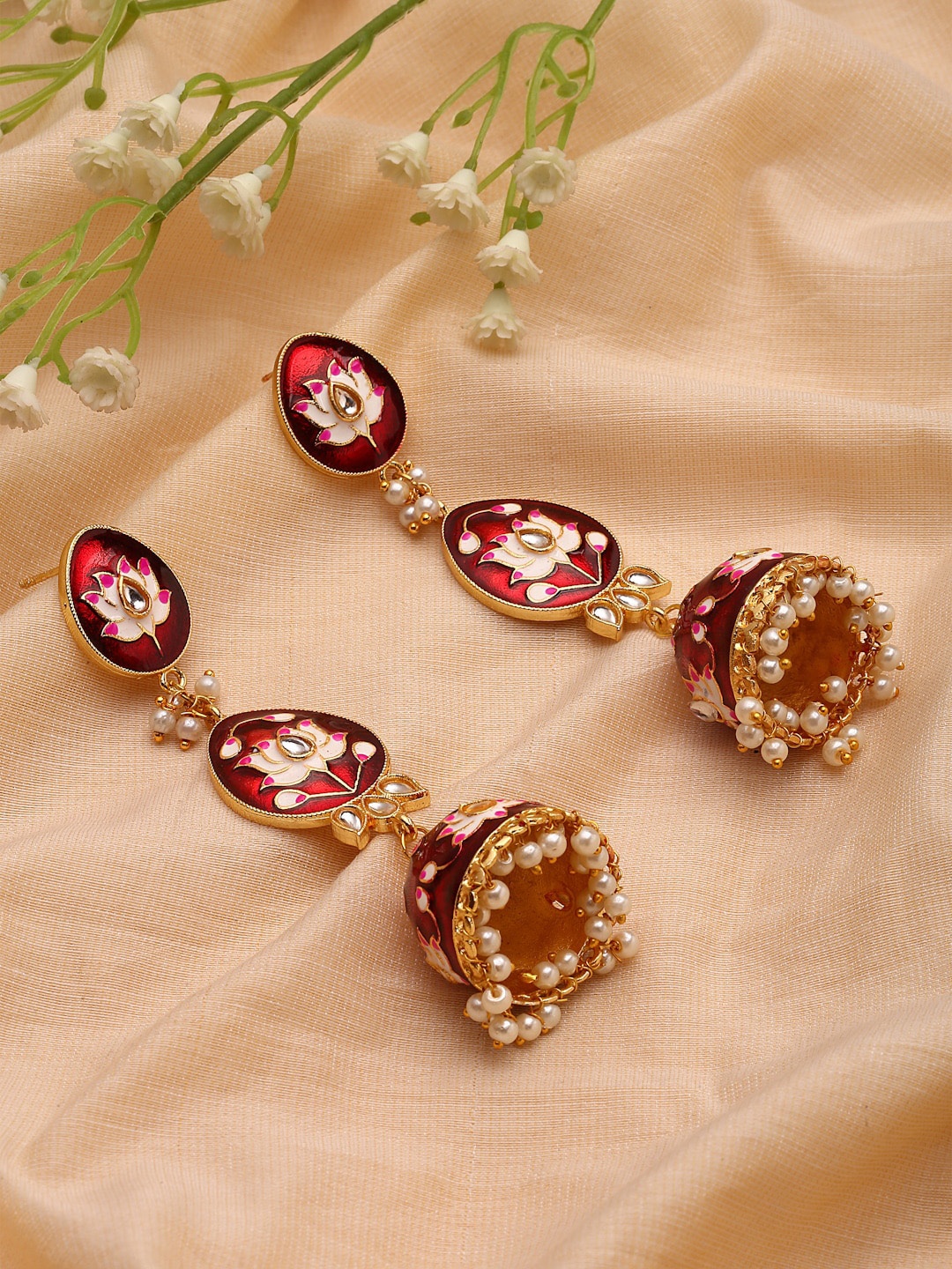 

PANASH Gold-Toned Kundan Oval Jhumkas Earrings