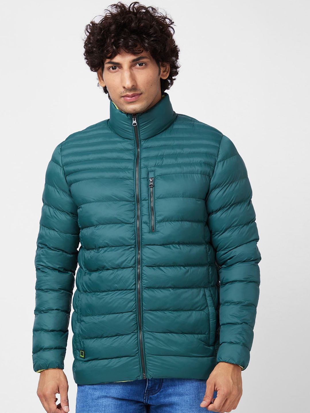 

SPYKAR Striped Mock Collar Puffer Jacket With Zip Detail, Green