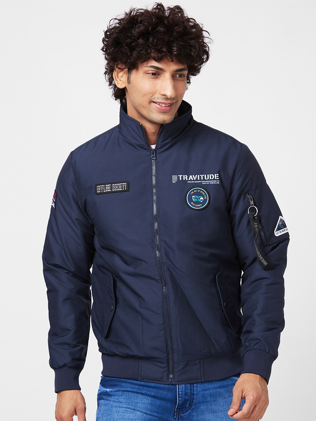 

SPYKAR Stand Collar Bomber With Patchwork Jacket, Blue