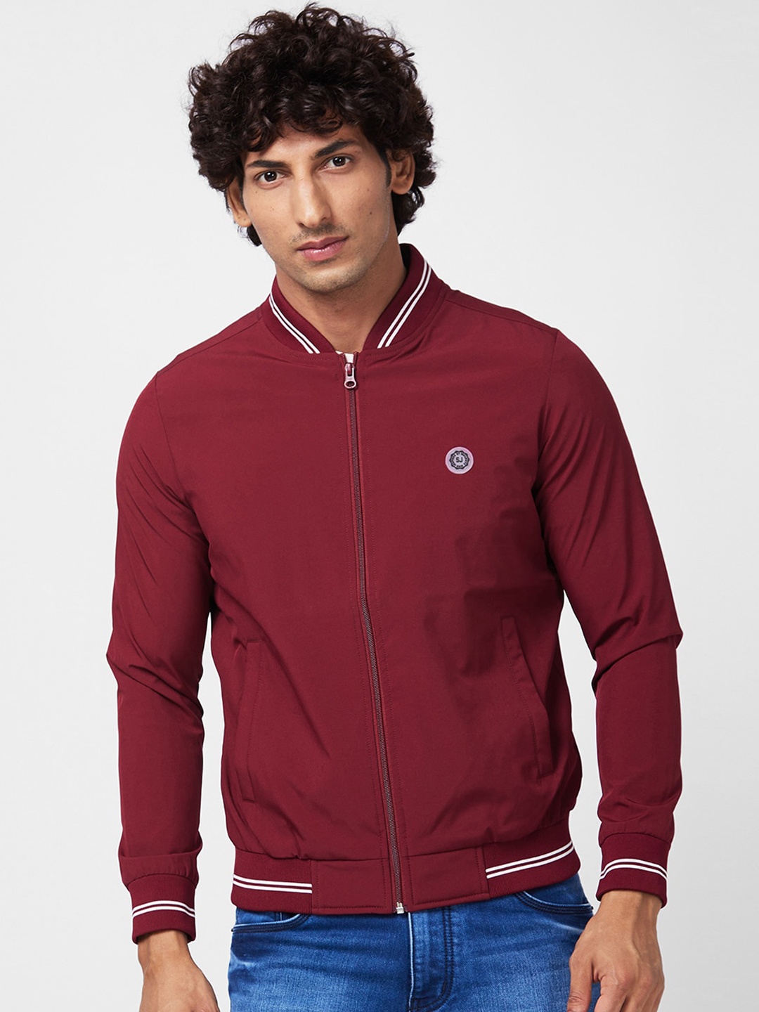 

SPYKAR Stand Collar Zip Detail Bomber Jacket, Maroon