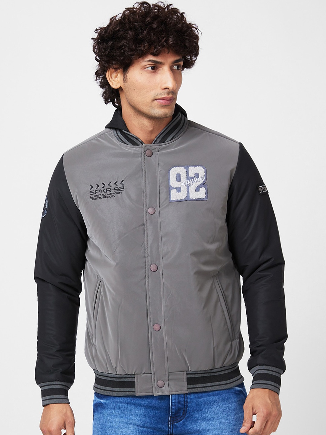 

SPYKAR Typography Printed Hooded Varsity Jacket, Grey