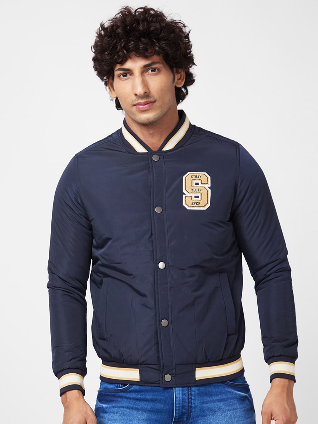 

SPYKAR Stand Collar Bomber With Patchwork Jacket, Blue