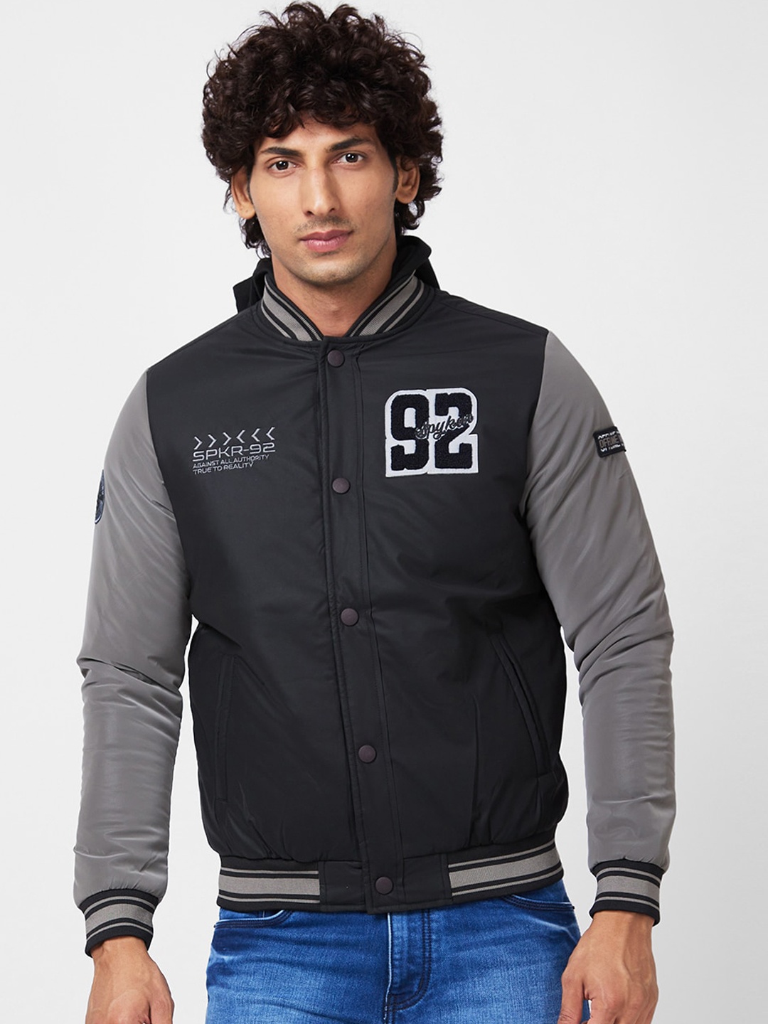 

SPYKAR Colourblocked Bomber With Patchwork Jacket, Black